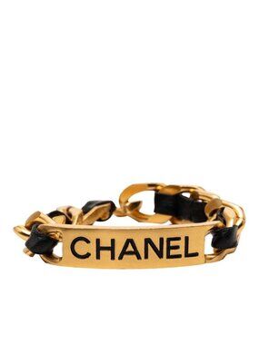 Chanel Vintage Logo Chain Bracelet Gold Black Plated Leather